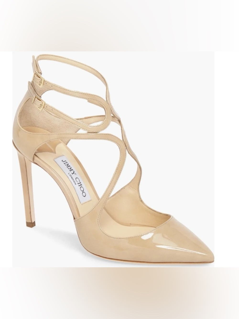 Jimmy Choo Lancer 85 Nude Patent Leather Strappy Pointed-Toe Heels